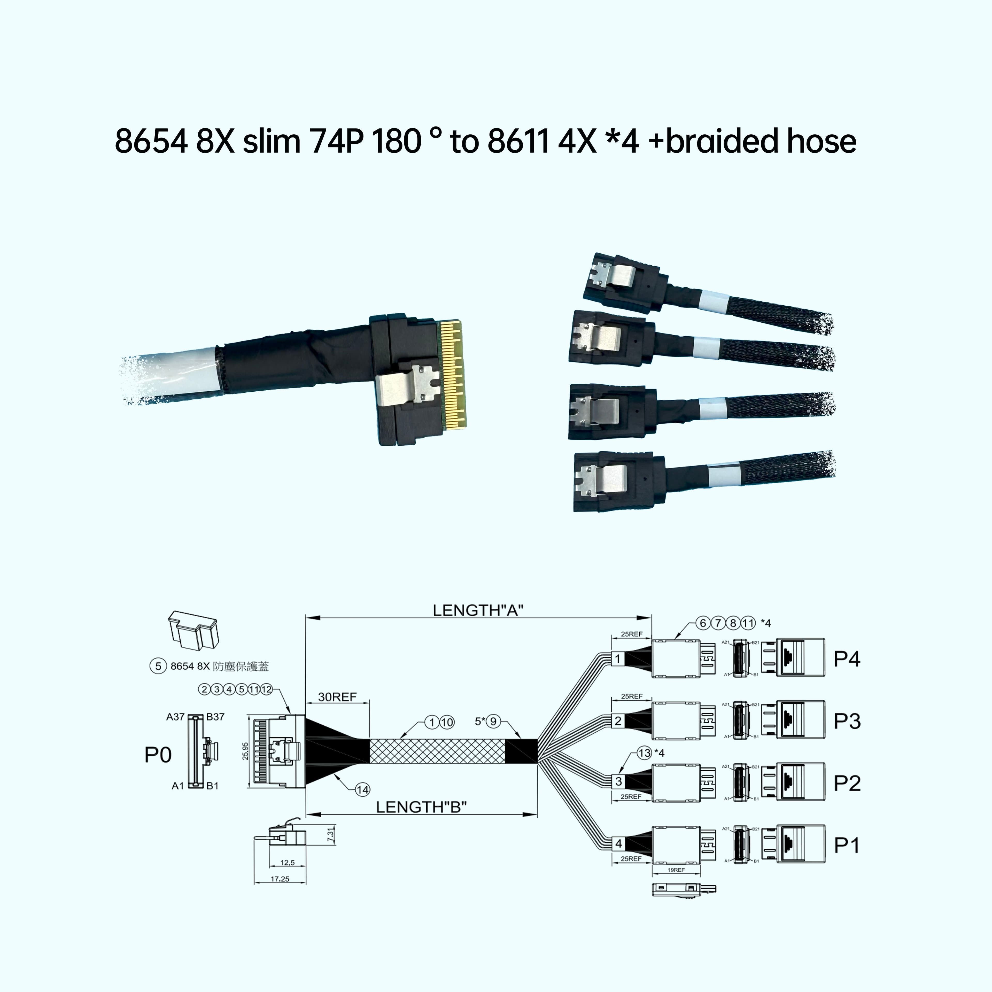 8654 8X 纖薄型 74P 180 ° 對 8611 4X *4 +編織網管